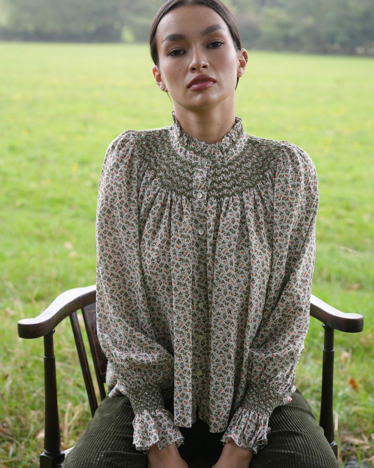 Scholl Blouse Clover Meadow Cotton Lawn with Olive Hand Smocking Edition 79