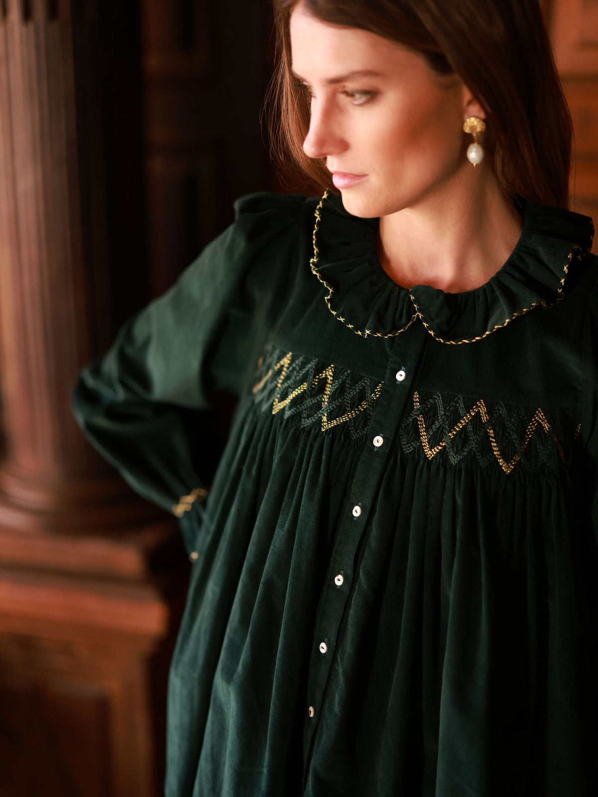 Betsy Fry Blouse Pine Tree Needlecord with Nordic Sparkle Hand Smocking