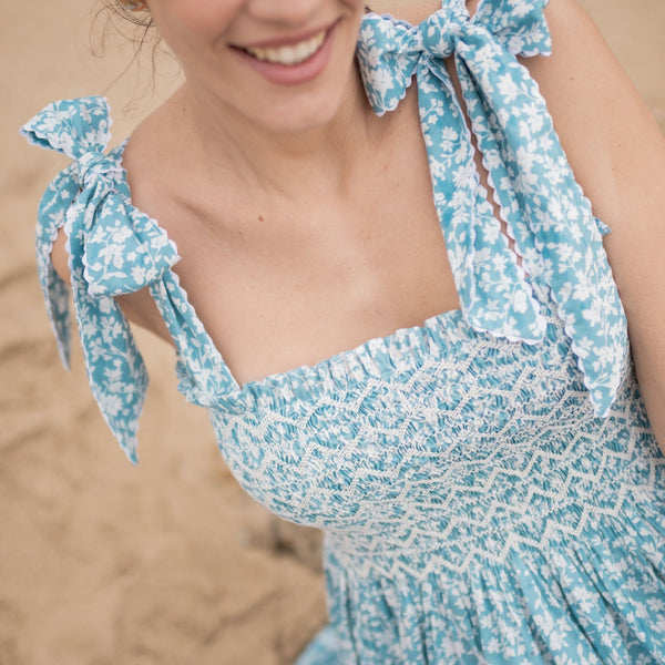 Grace Hopper Dress Azure Floral with Ice Hand Smocking