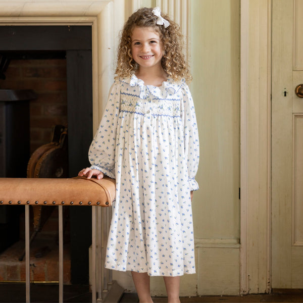 Nightingale Girl's Dress Blueberry Brushed Cotton with Blueberry Hand Smocking