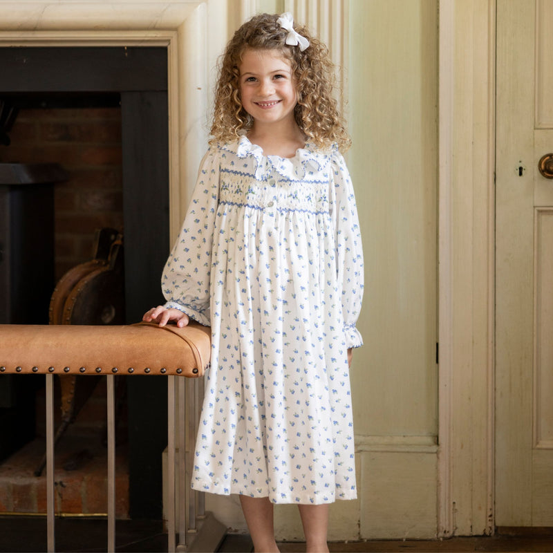Nightingale Girl's Dress Blueberry Brushed Cotton with Blueberry Hand Smocking