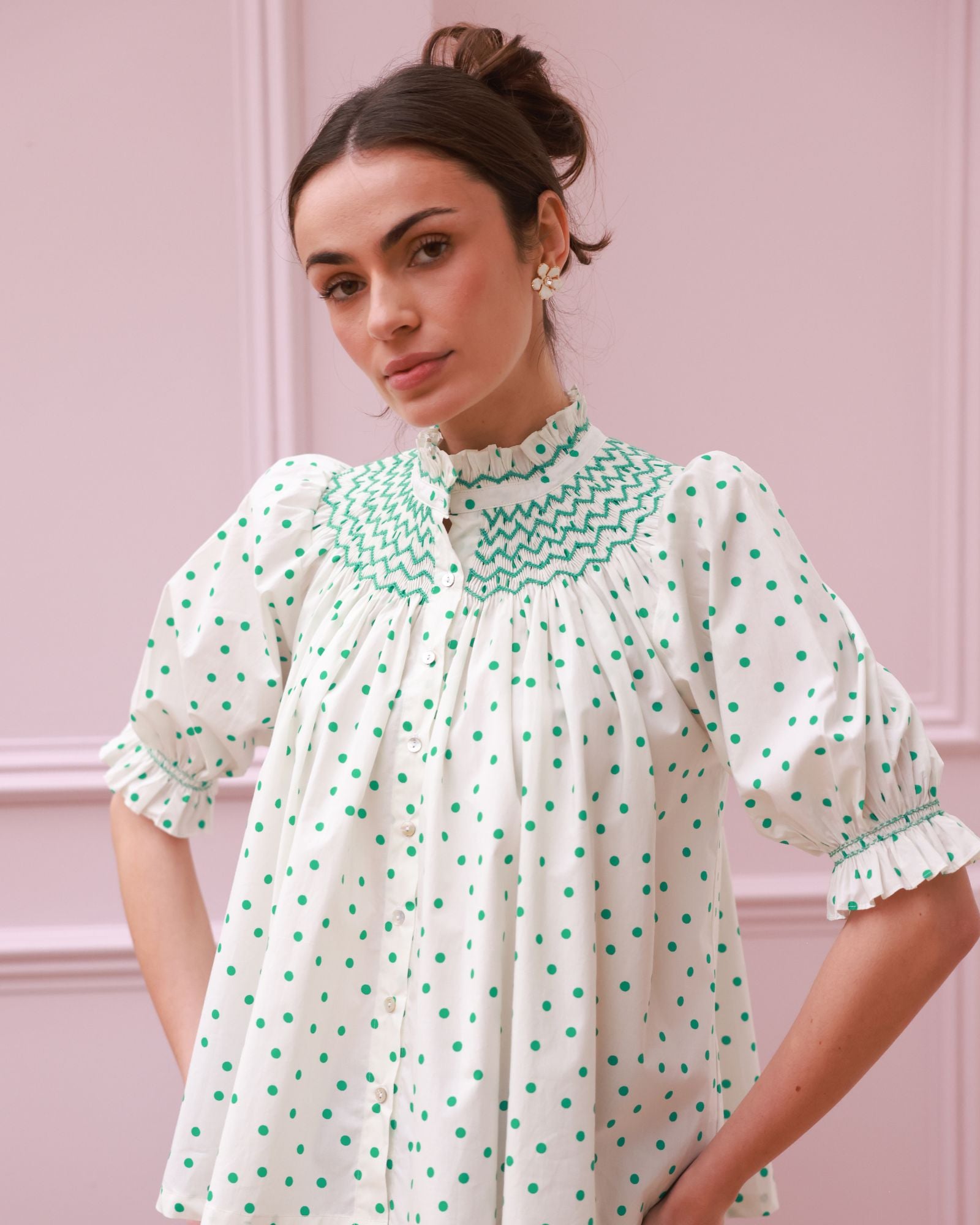 Scholl Blouse Frog Polka cotton Jade Hand Smocking Edition 59