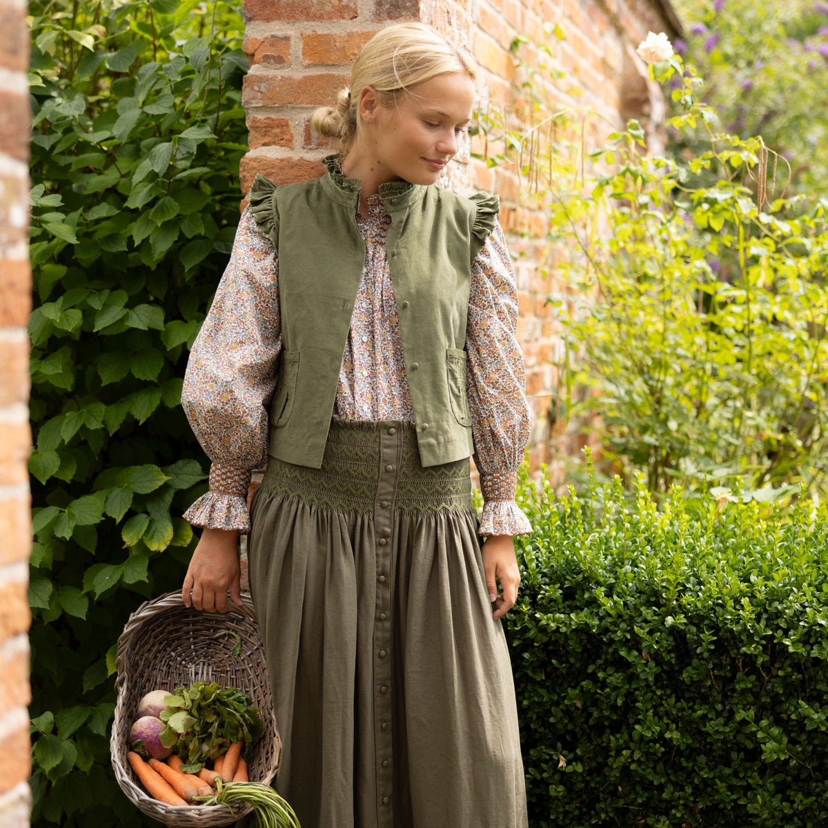 Mary Seacole Skirt Oak Leaf Linen Moss Hand Smocking
