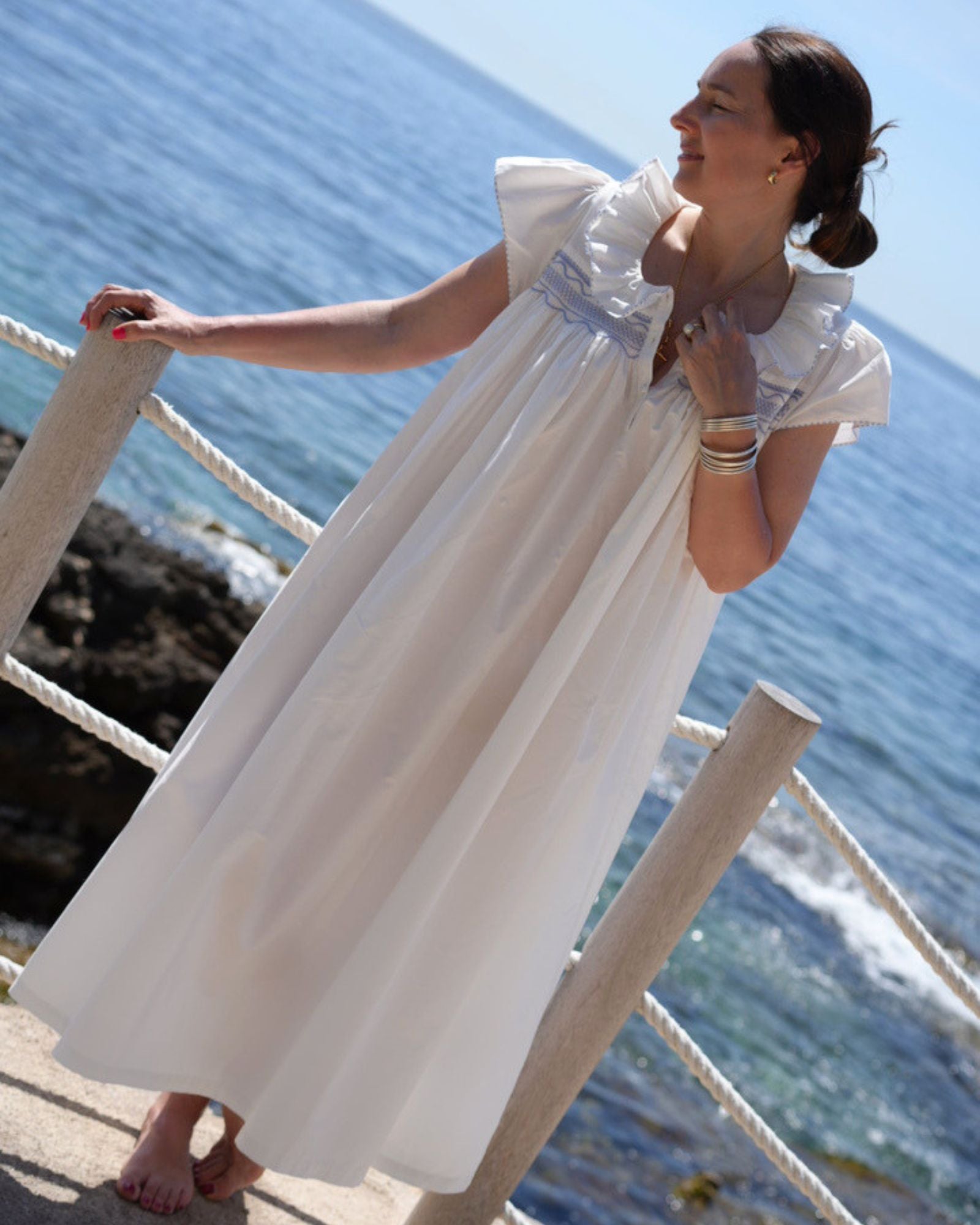 Nightingale Women's Short Sleeve Dress with Cornfower Stacked Curves Hand Smocking