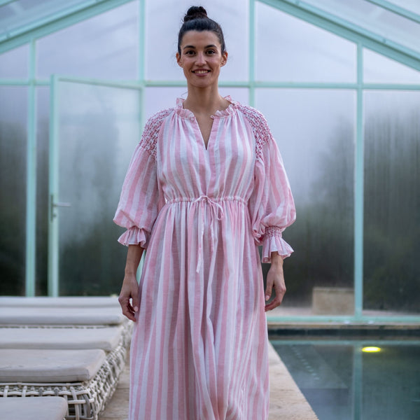 Aloha Wanderwell Dress Powder Pink Stripe with Scarlet Hand Smocking