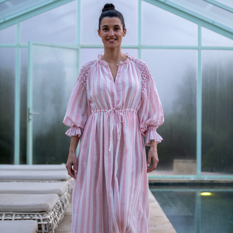 Aloha Wanderwell Dress Powder Pink Stripe with Scarlet Hand Smocking
