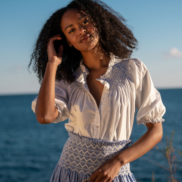 Cleopatra Blouse White with Cornflower Hand Smocking