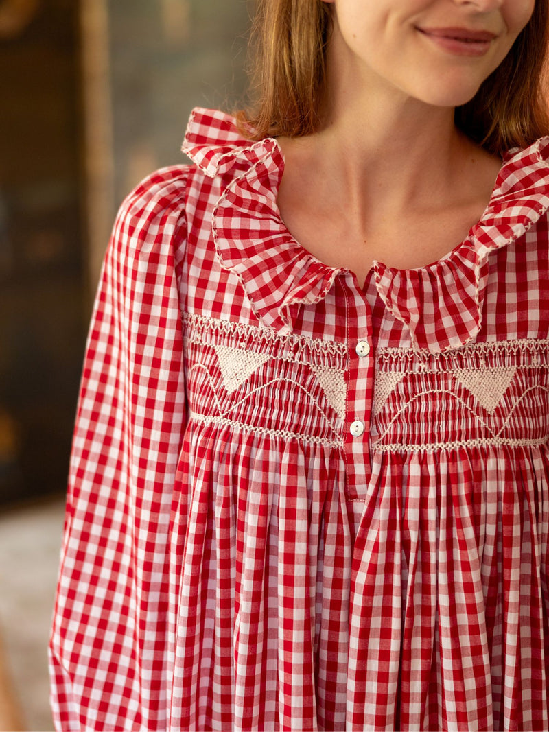 Nightingale Women's Dress Cranberry Gingham with Snow White Hand Smocking