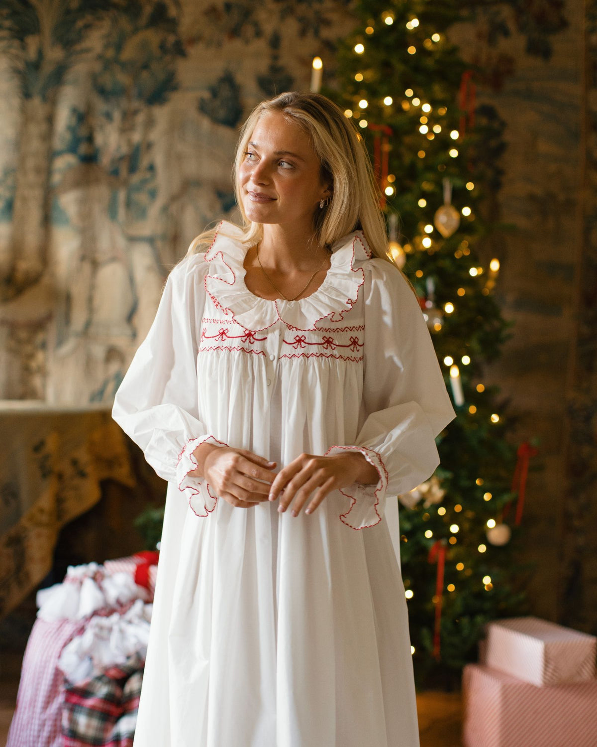 Nightingale Women's Dress Moonstone with Scarlet Bows Hand Smocking