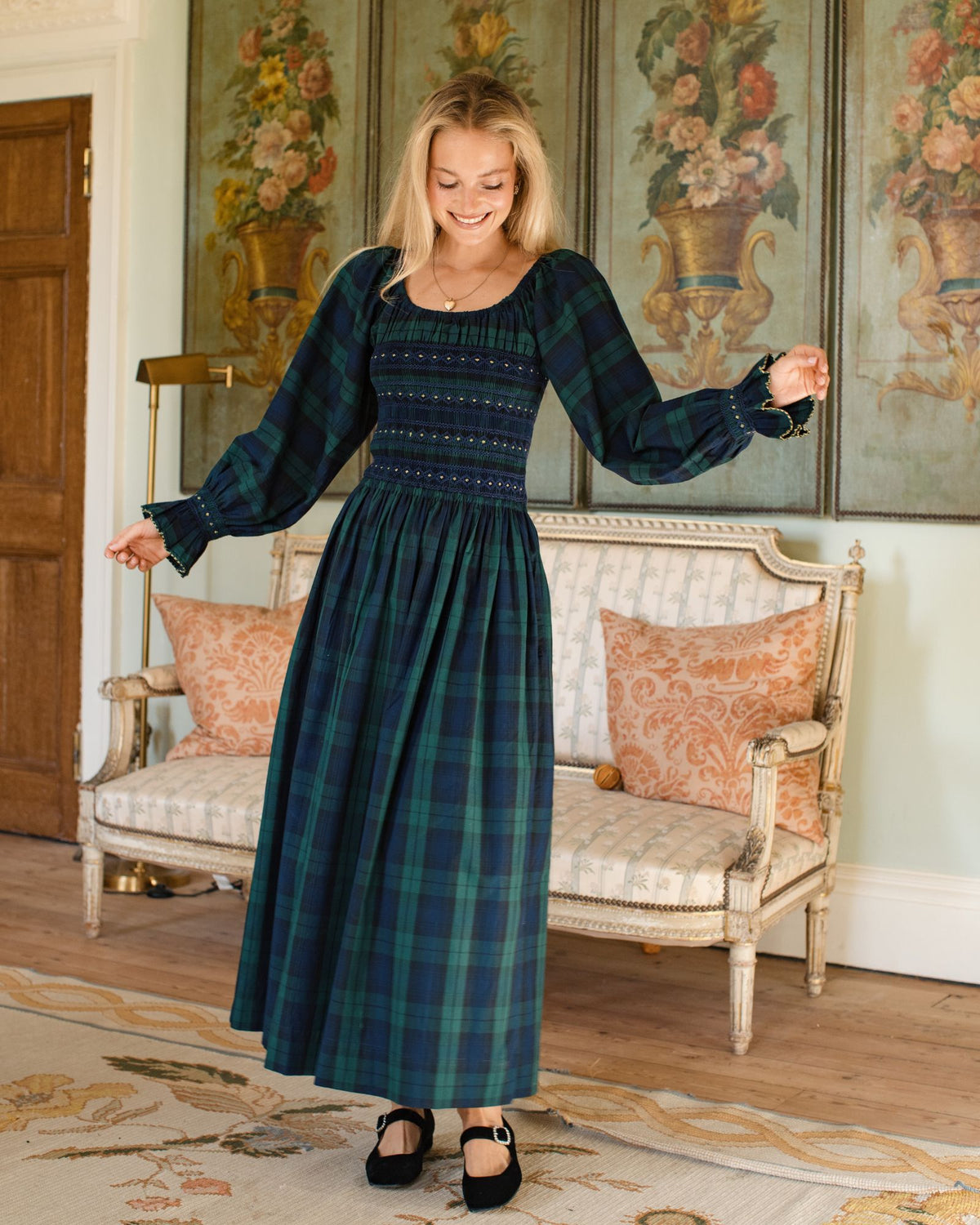 Earhart Dress Blackwatch Tartan with Midnight Star Hand Smocking