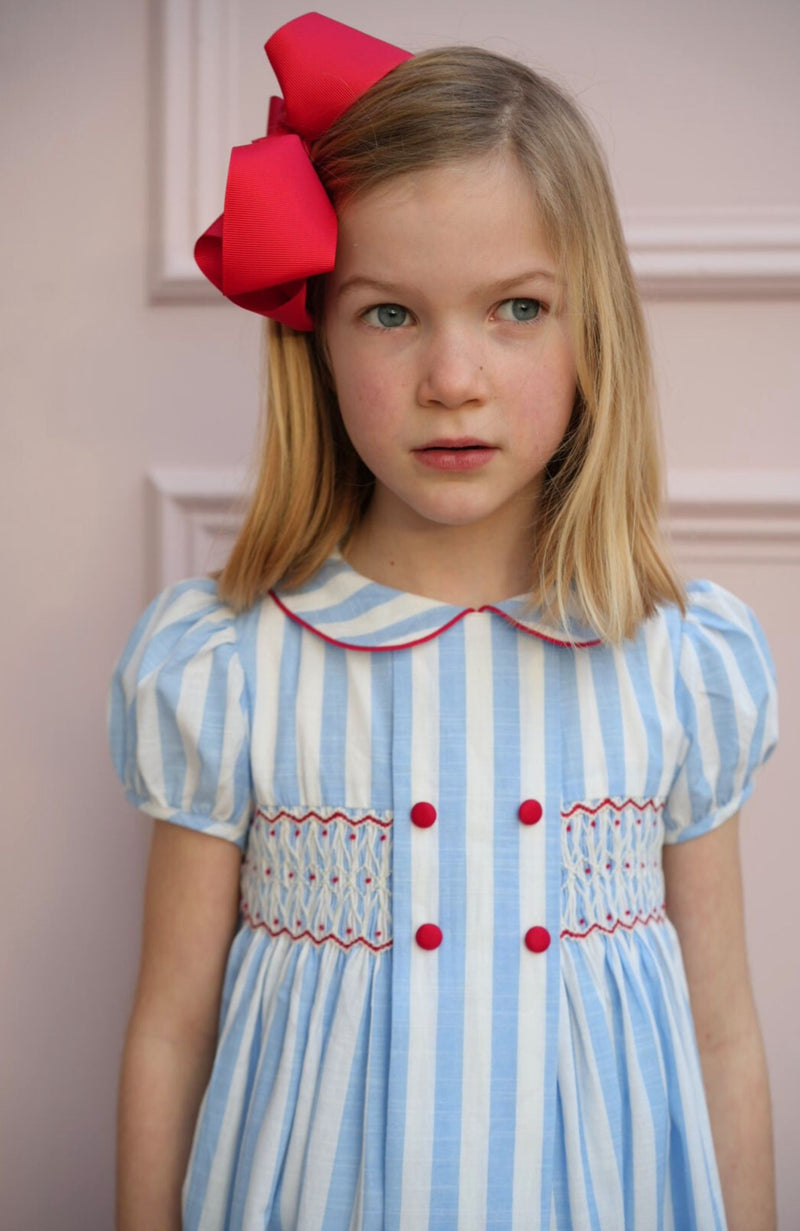 Thatcher Dress Sailor Stripe with White Heart Hand Smocking