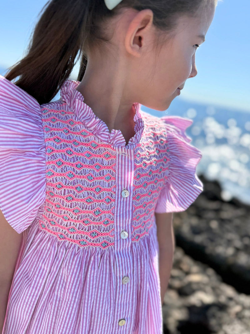 Mirabai Dress Raspberry Stripe Seersucker with Cool-Ade Hand Smocking
