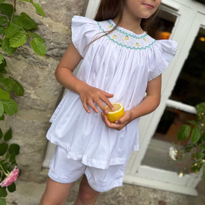 Rosalind Franklin Pyjamas Moonstone Cotton with Lemon Hand Smocking