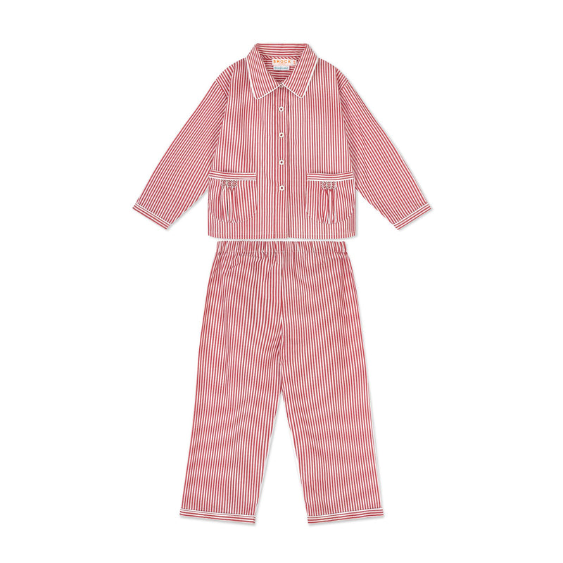 Samantha Varvel x Smock London Lilly Parr Pyjamas Gingerbread Stripes with Snow Trim and Hand Smocking