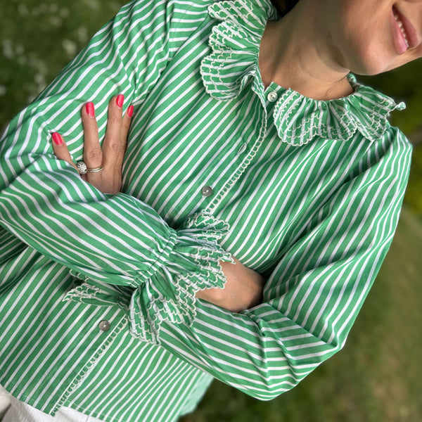 Bronte Blouse Kelly Green Stripes with Sea Spray Embroidery