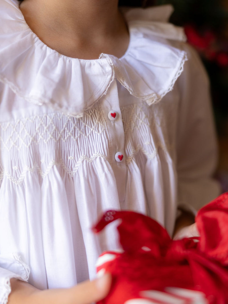 Nightingale Girl's Dress Moonstone Cotton with Lattice Smocking and Embroidered Heart Buttons