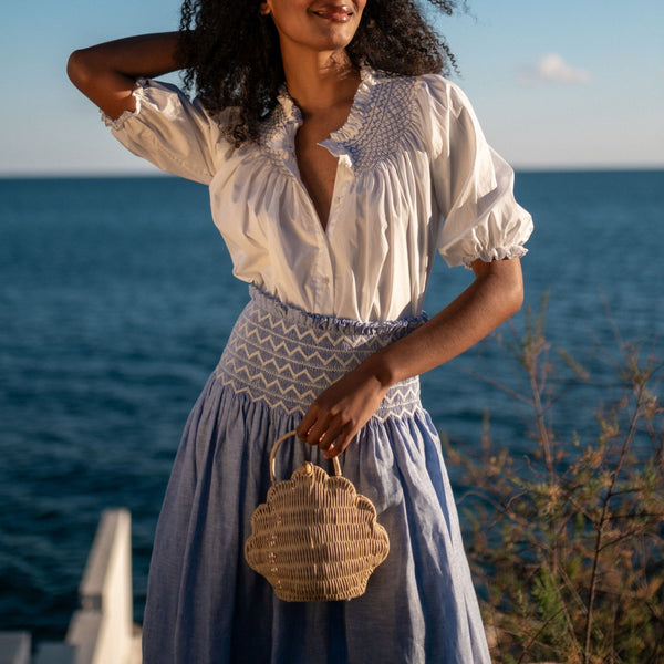 Sullivan Skirt Chambray Linen with White Hand Smocking