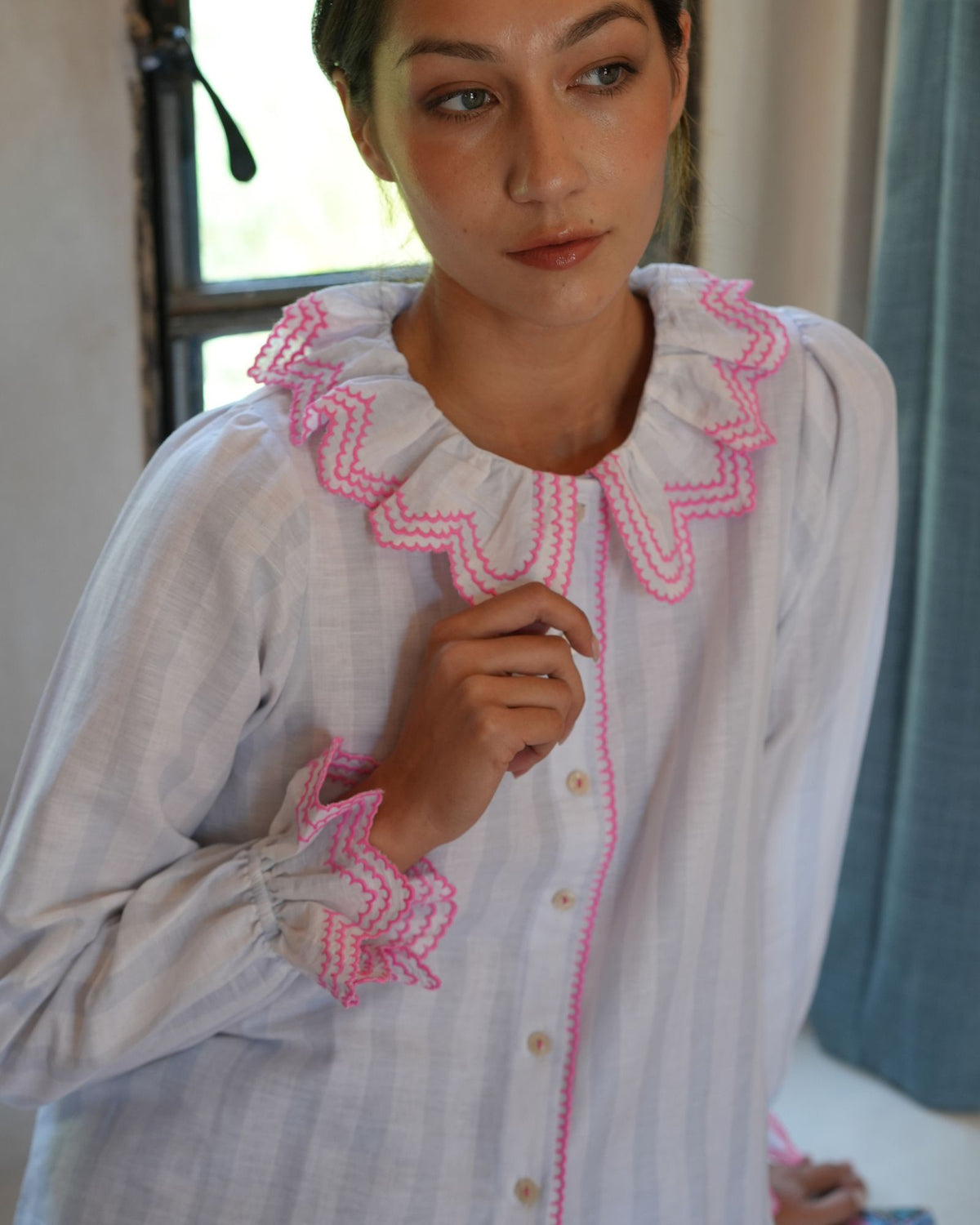 Bronte Blouse Blue Misty Stripe with Pink Fizz Embroidery