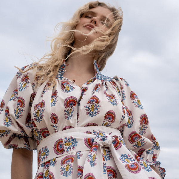 Ada Lovelace Dress Rainbow Marigold with Delft Blue Hand Smocking