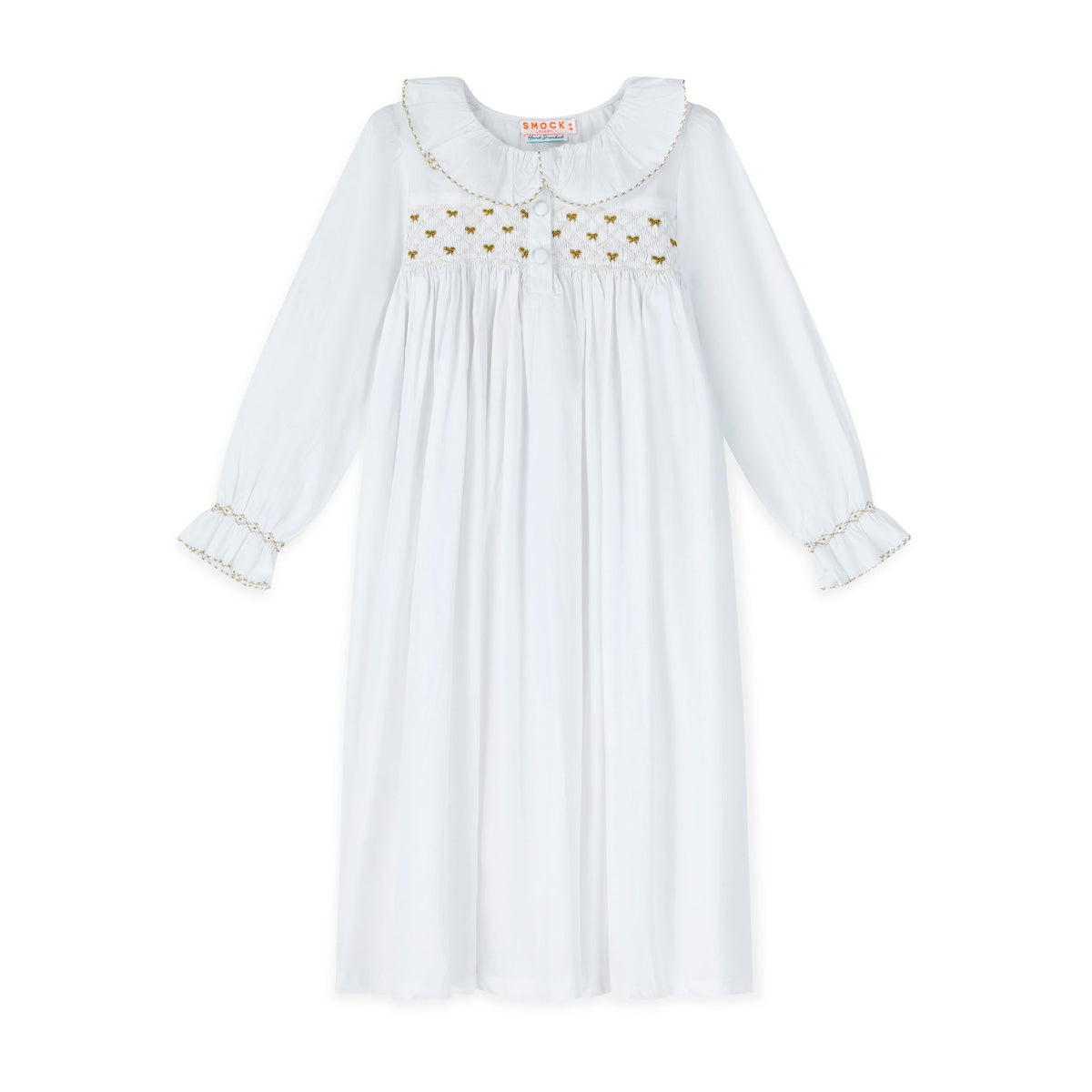 3-4y Memo Press x Smock London Nightingale Girls Dress Moonstone with Gold Bows Hand Smocking