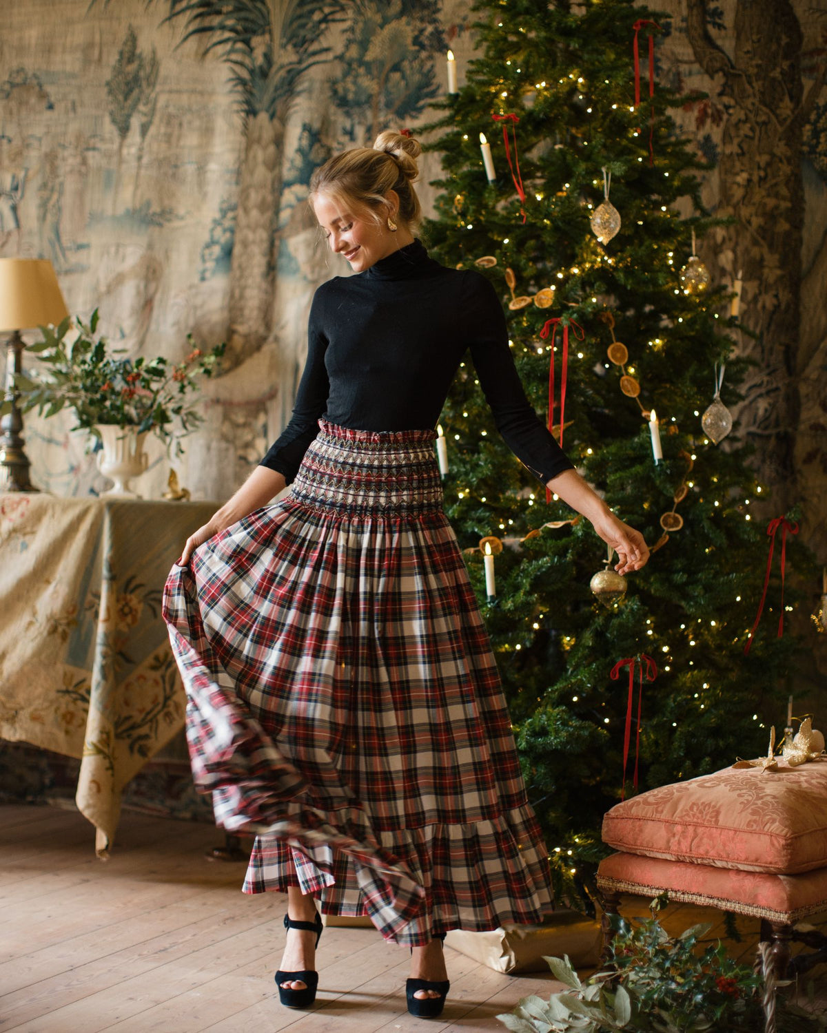 Sullivan Women's Skirt Royal Tartan with Black Gold Hand Smocking