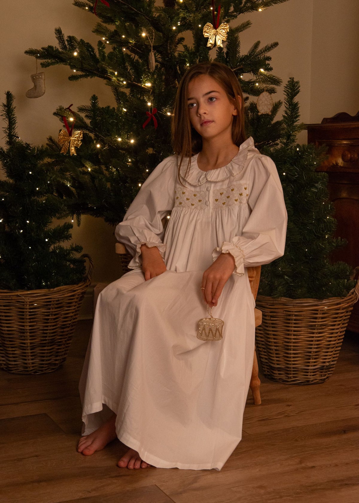 3-4y Memo Press x Smock London Nightingale Girls Dress Moonstone with Gold Bows Hand Smocking