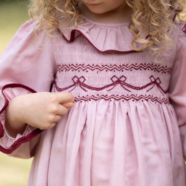 Katherine Johnson Dress Dusty Rose Linen with Mulberry Bow Hand Smocking