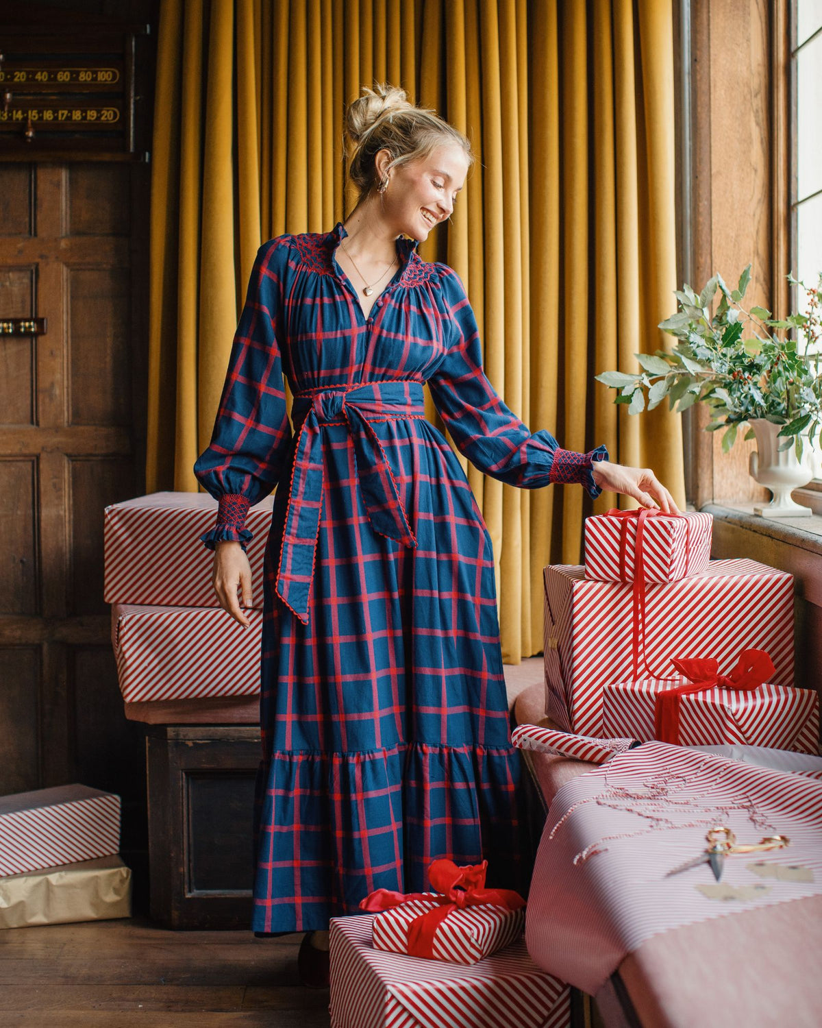 Colette Dress Chelsea Check with Crimson Hand Smocking