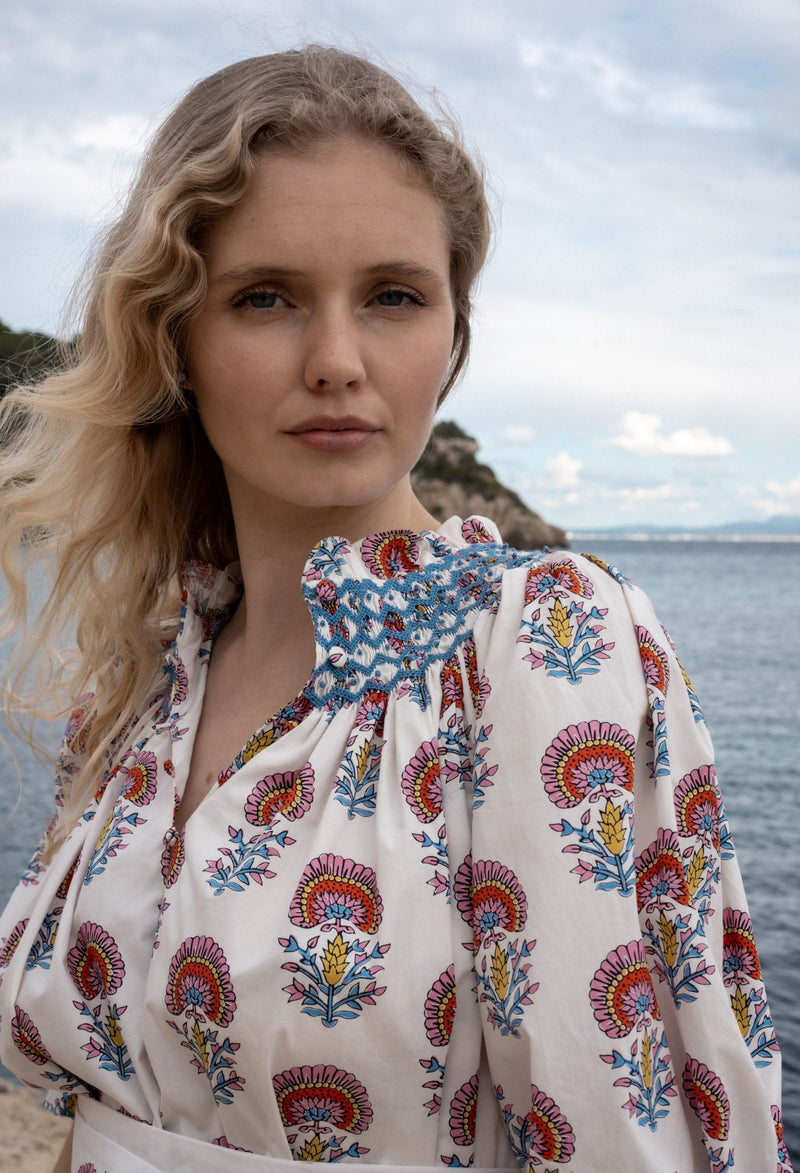 Ada Lovelace Dress Rainbow Marigold with Delft Blue Hand Smocking