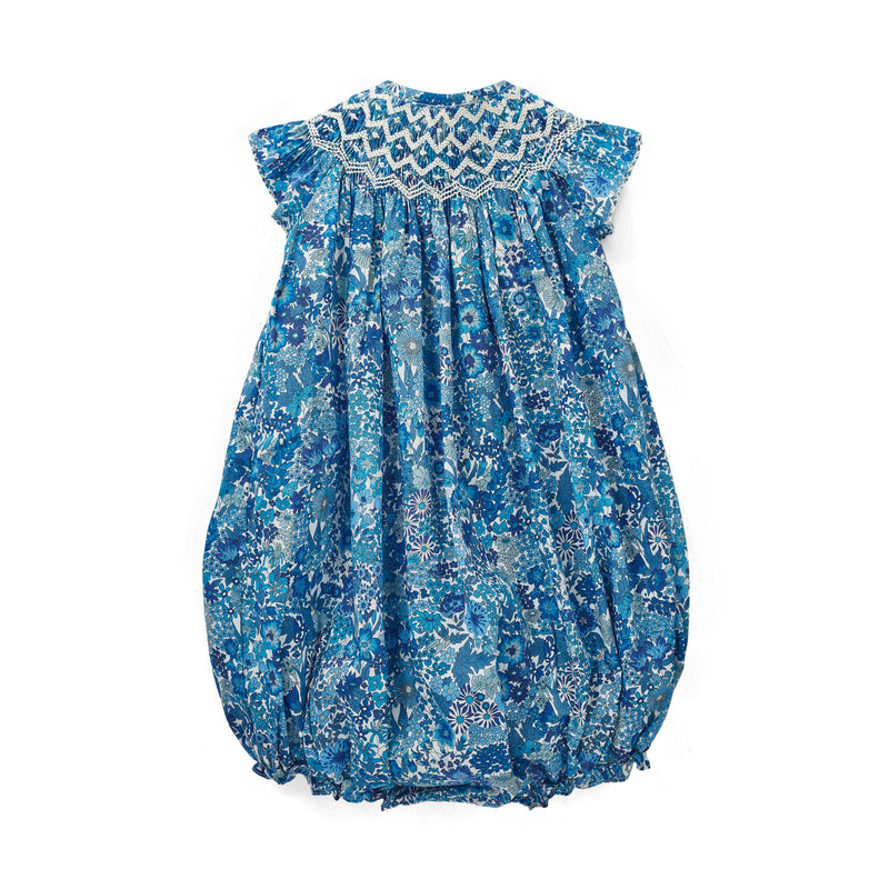 Coco Romper with White Horses Hand Smocking made with Liberty Margaret Annie Azure