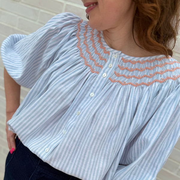 Cleopatra Blouse Oyster Bay Stripes with Bellini Hand Smocking Edition 18