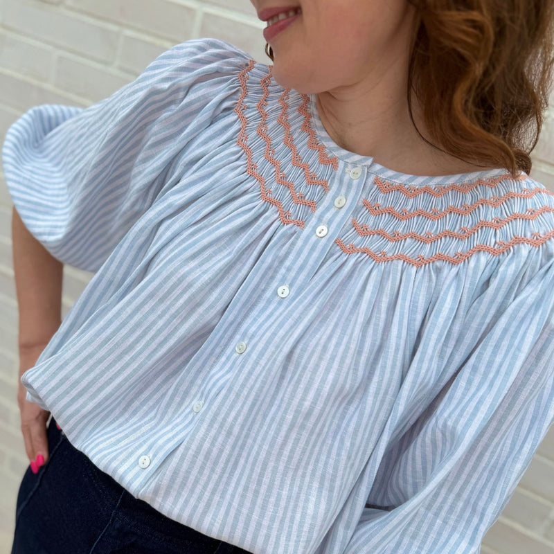 Cleopatra Blouse Oyster Bay Stripes with Bellini Hand Smocking Edition 18