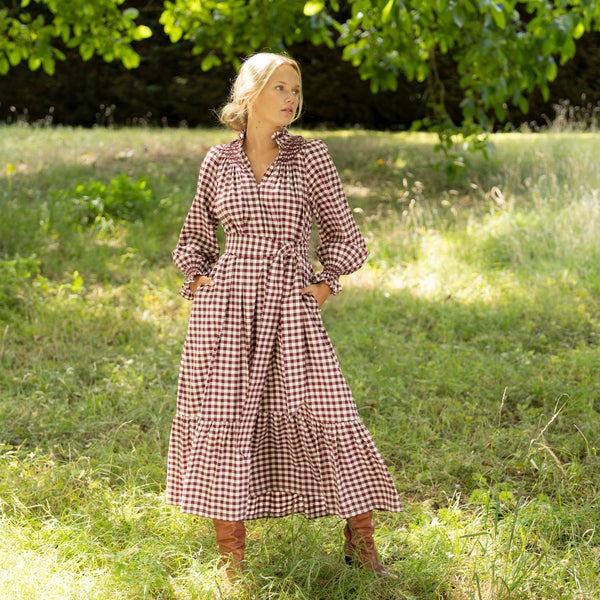 Colette Dress Mulled Wine Gingham Brushed Cotton with Spiced Cinnamon Hand Smocking