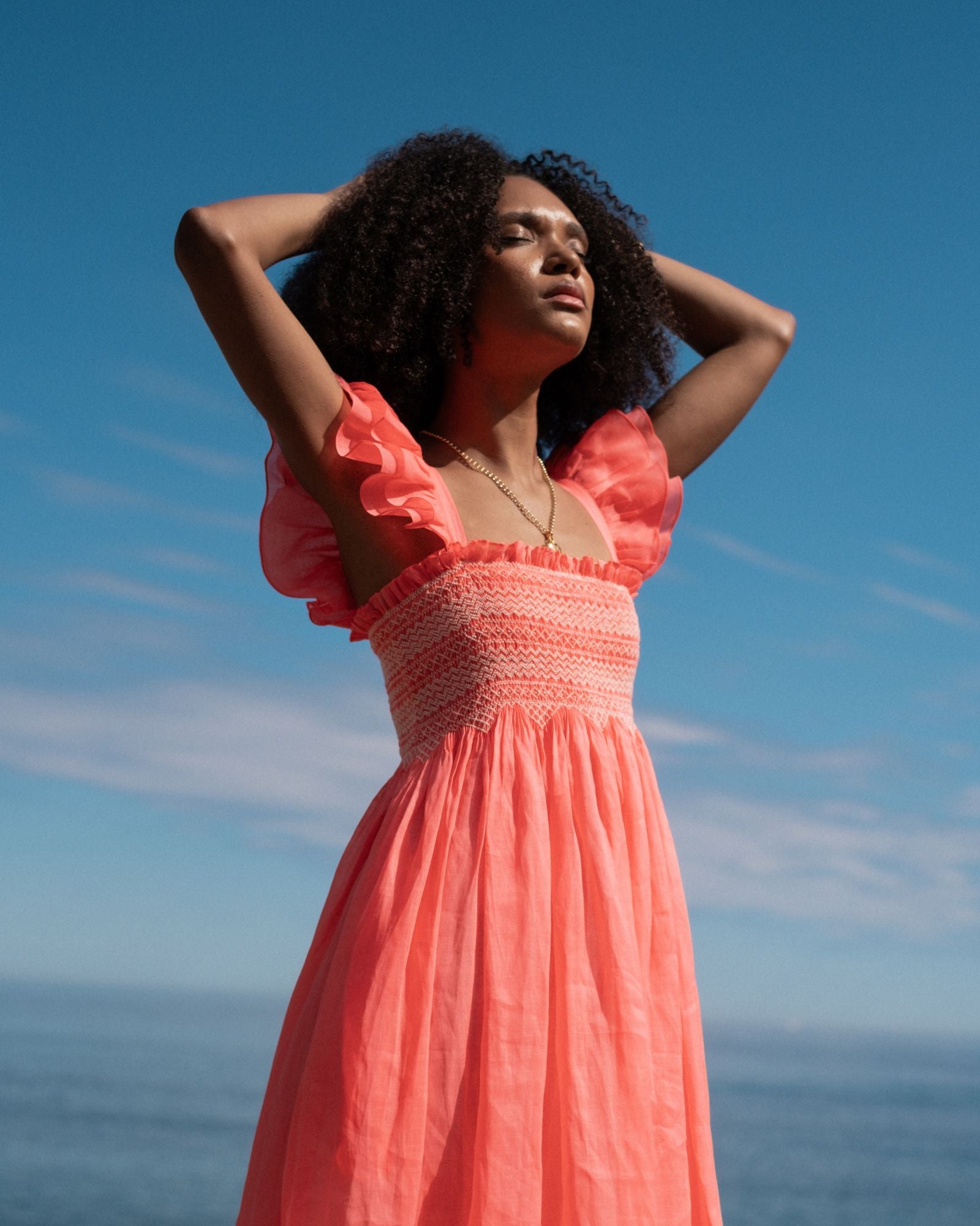 Wallis Simpson Dress Coral Dreams Organdie with Chantilly Hand Smocking