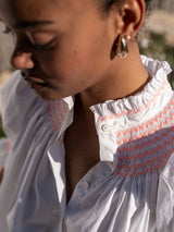Scholl Women's Summer Blouse White with Coral Hand Smocking