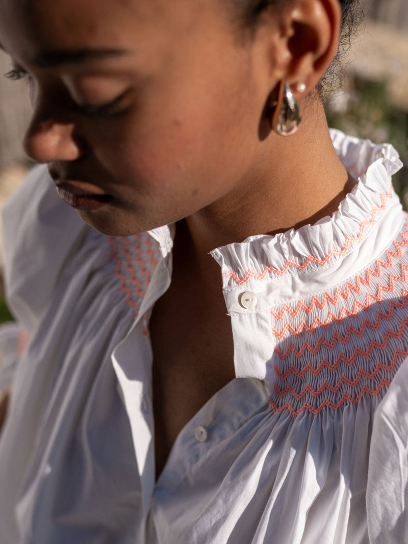 Scholl Women's Summer Blouse White with Coral Hand Smocking