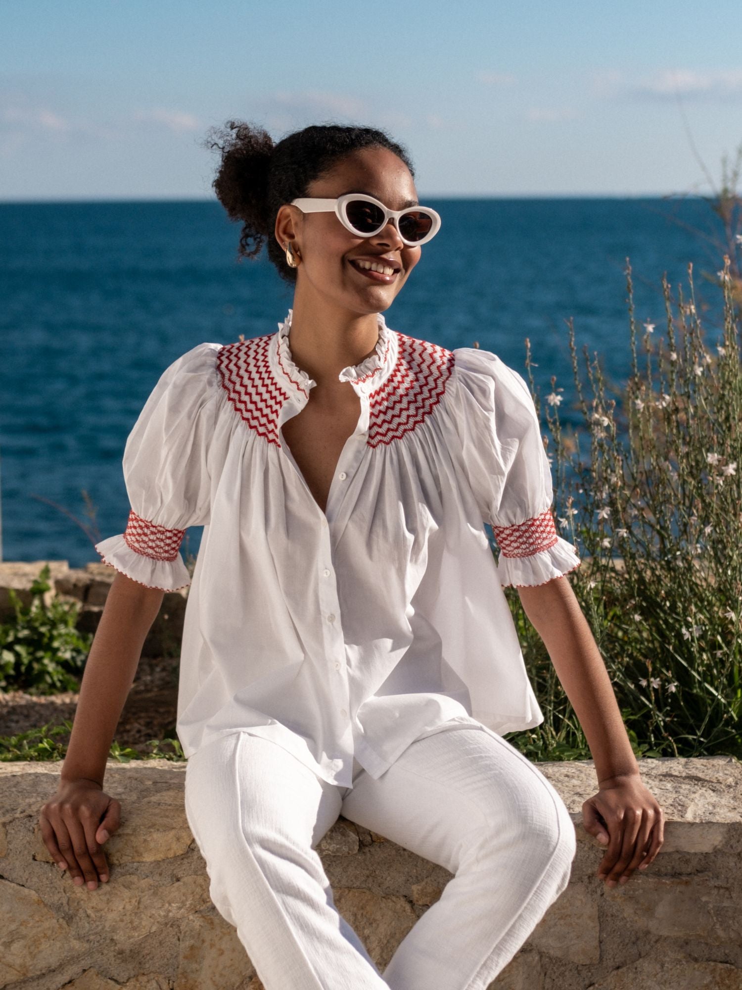 Scholl Women's Summer Blouse White with Pillar Box Red Hand Smocking