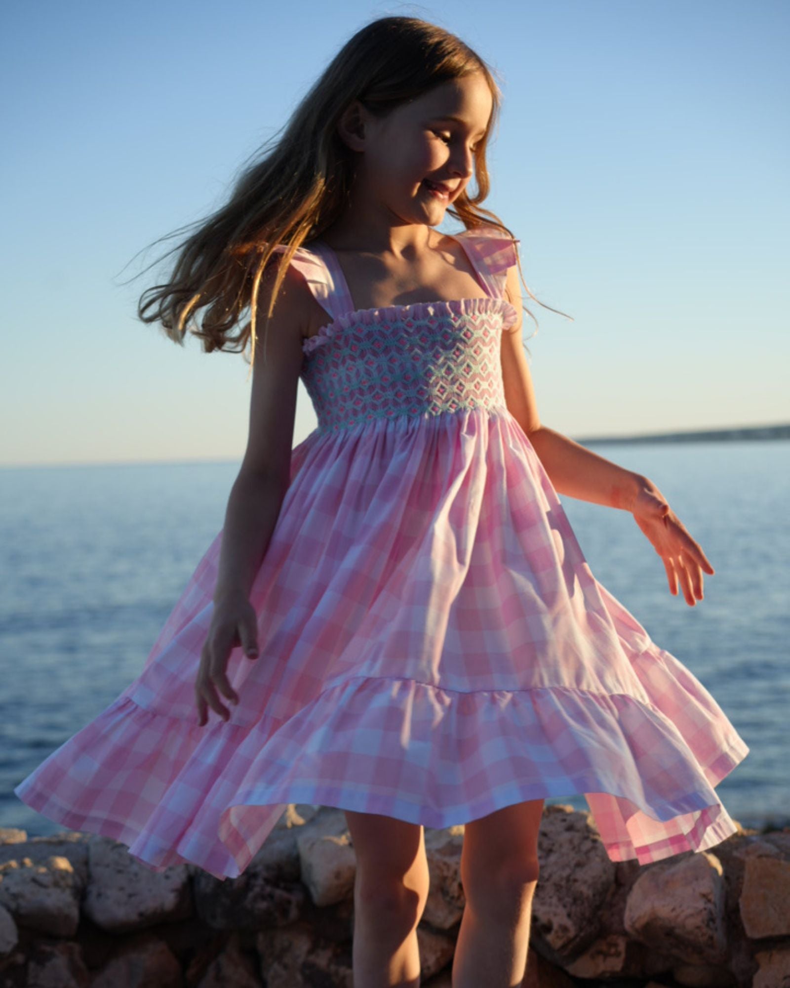 Rachel Carson Girls Dress Candy Floss Gingham with Spearmint Hand Smocking