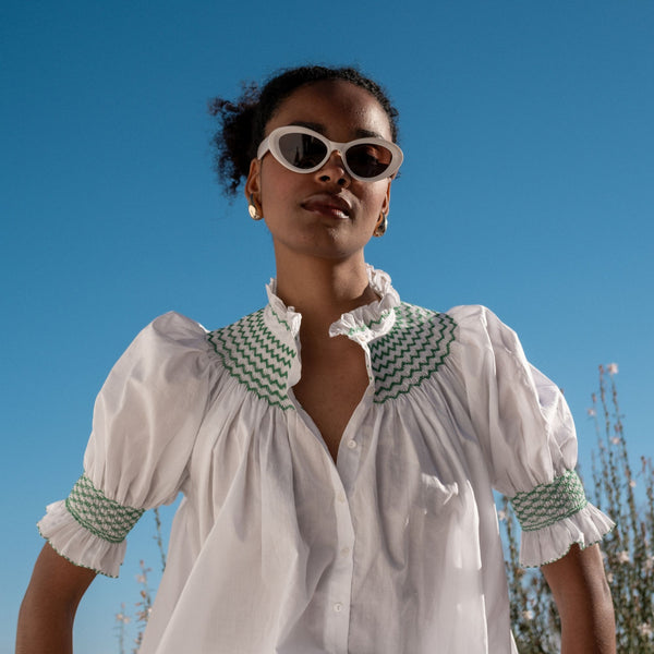Scholl Women's Summer Blouse White with Green Apple Hand Smocking