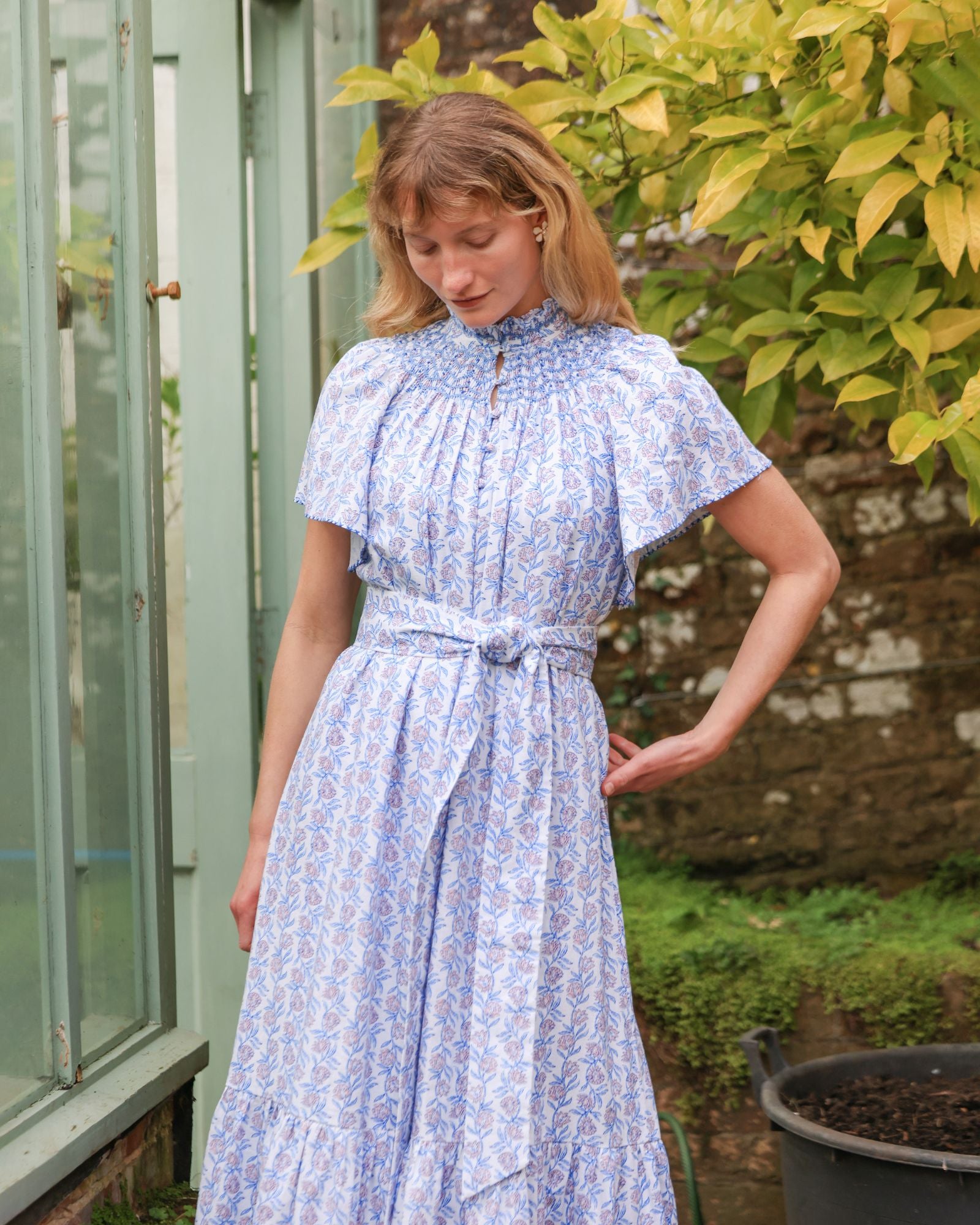 Colette Dress Passionflower Trellis with Delphinium Blue Hand Smocking