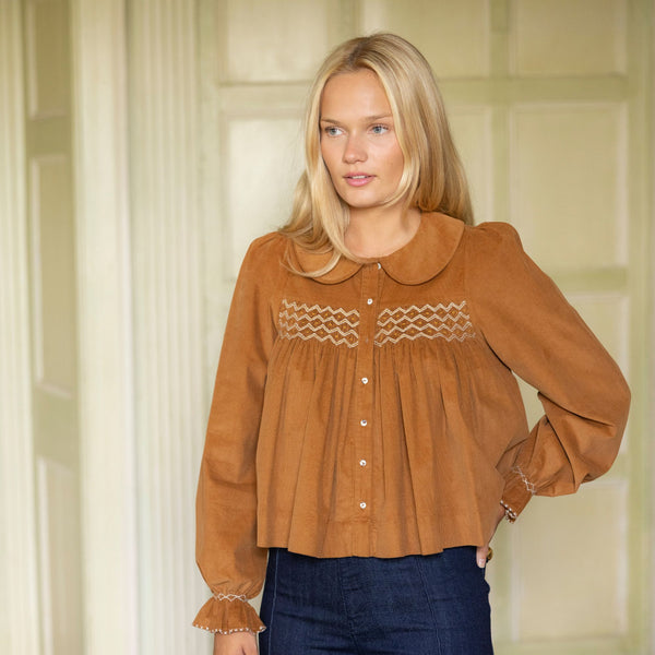 Marie Curie Blouse Butterscotch Needlecord with Spiced Vanilla Hand Smocking