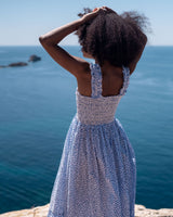 Rachel Carson Dress Blue Leopard with Sapphire Hand Smocking