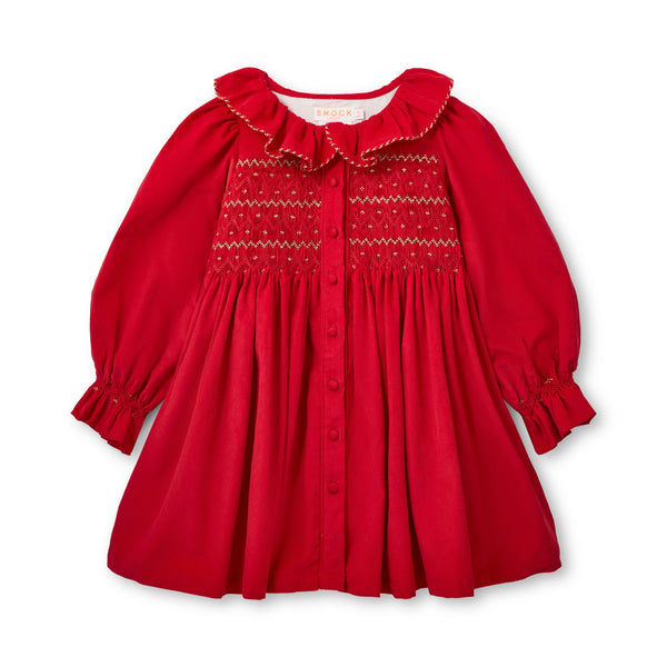 Elizabeth Blackwell Dress Crimson Needlecord with Gold Coin Hand Smocking