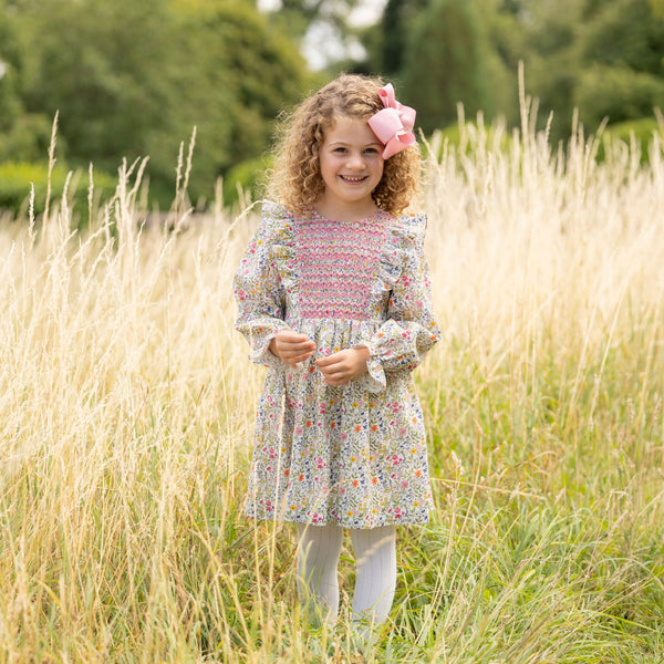 Anna Pavlova Dress Secret Garden Linen with Sweet William Hand Smocking