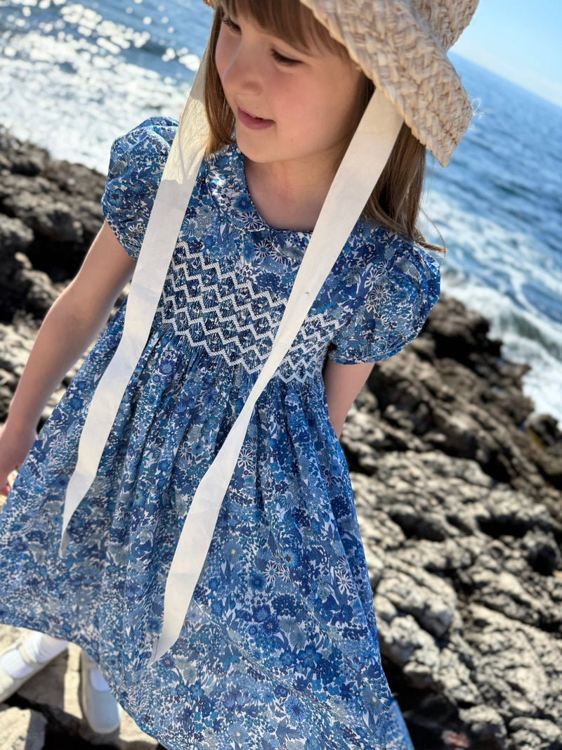 Antoinette Dress with White Horses Hand Smocking Made With Liberty Margaret Annie Azure
