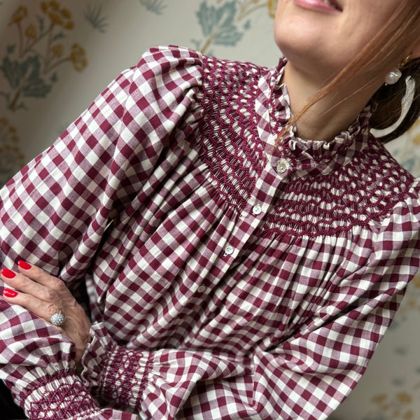 Pom x Smock London Scholl Blouse Mulled Wine Gingham Brushed Cotton with Spiced Cinnamon Hand Smocking Edition 53