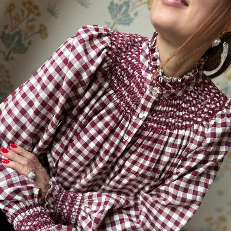 Pom x Smock London Scholl Blouse Mulled Wine Gingham Brushed Cotton with Spiced Cinnamon Hand Smocking Edition 53
