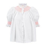 Scholl Women's Summer Blouse White with Coral Hand Smocking