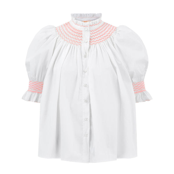 Scholl Women's Summer Blouse White with Coral Hand Smocking