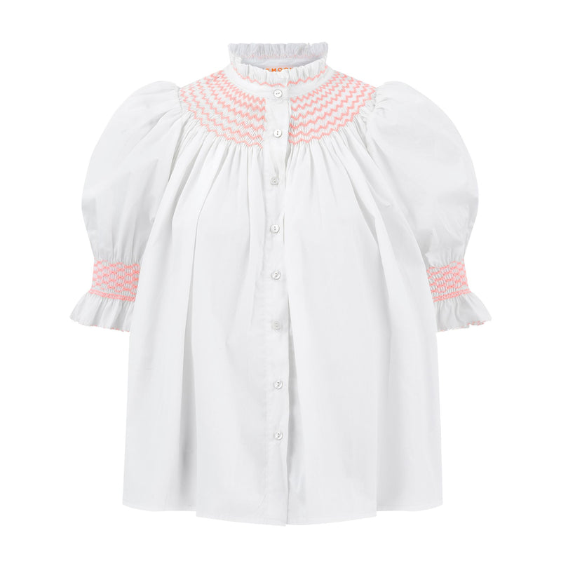 Scholl Women's Summer Blouse White with Coral Hand Smocking